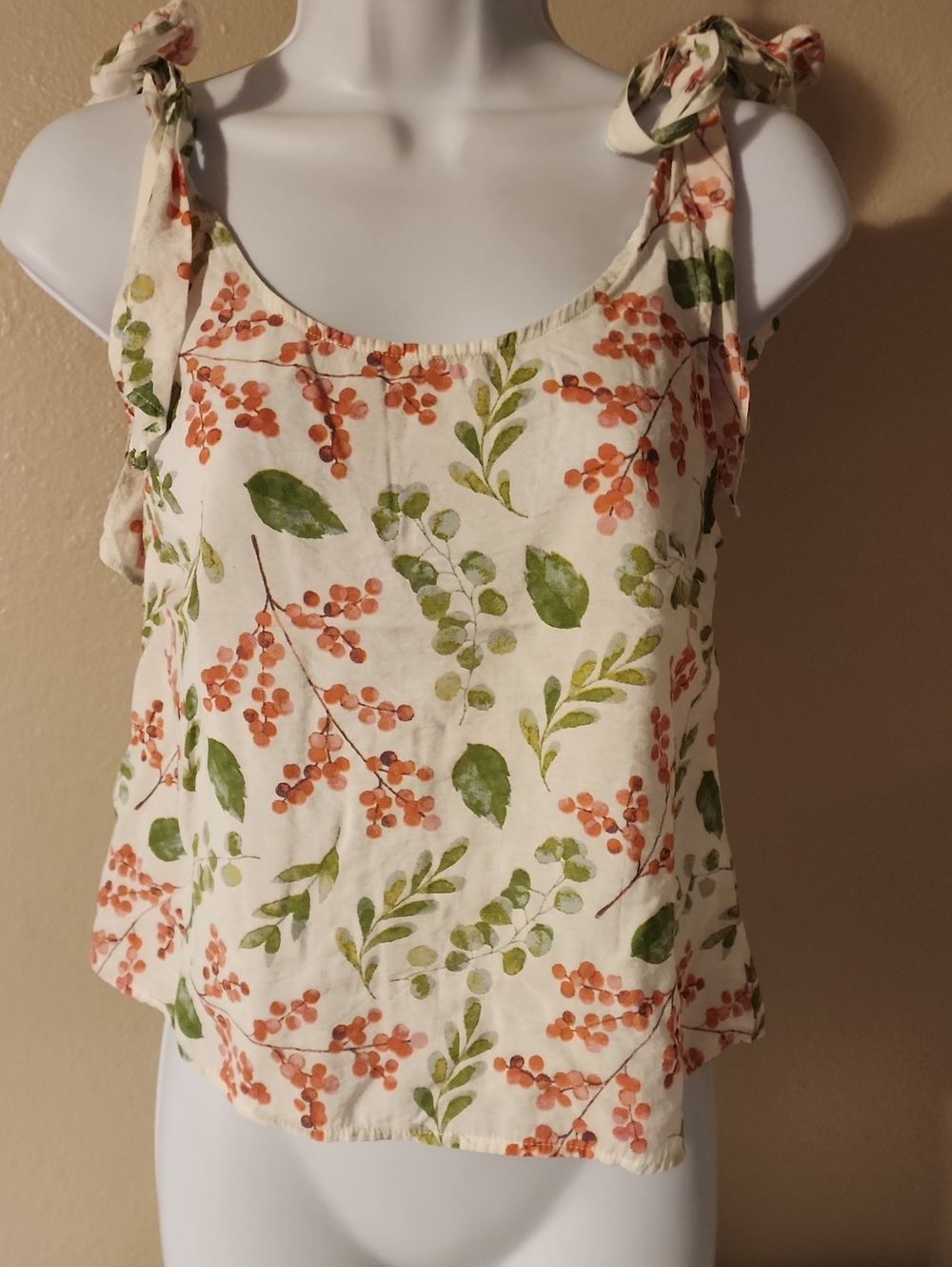 Franco Cream Floral Tie-Shoulder Tank with Orange Berries and Green Leaves